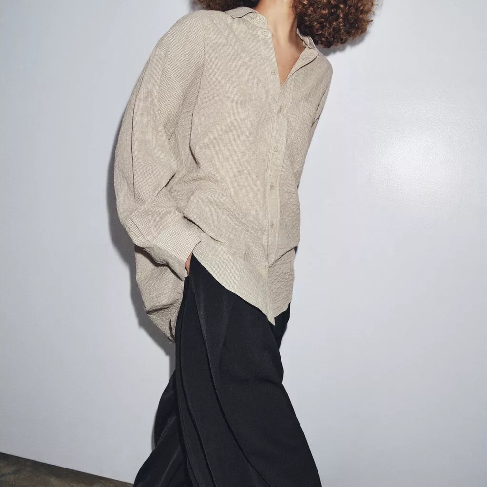 ZW Collection Oversized Beige-Brown Textured Button-Up Shirt
